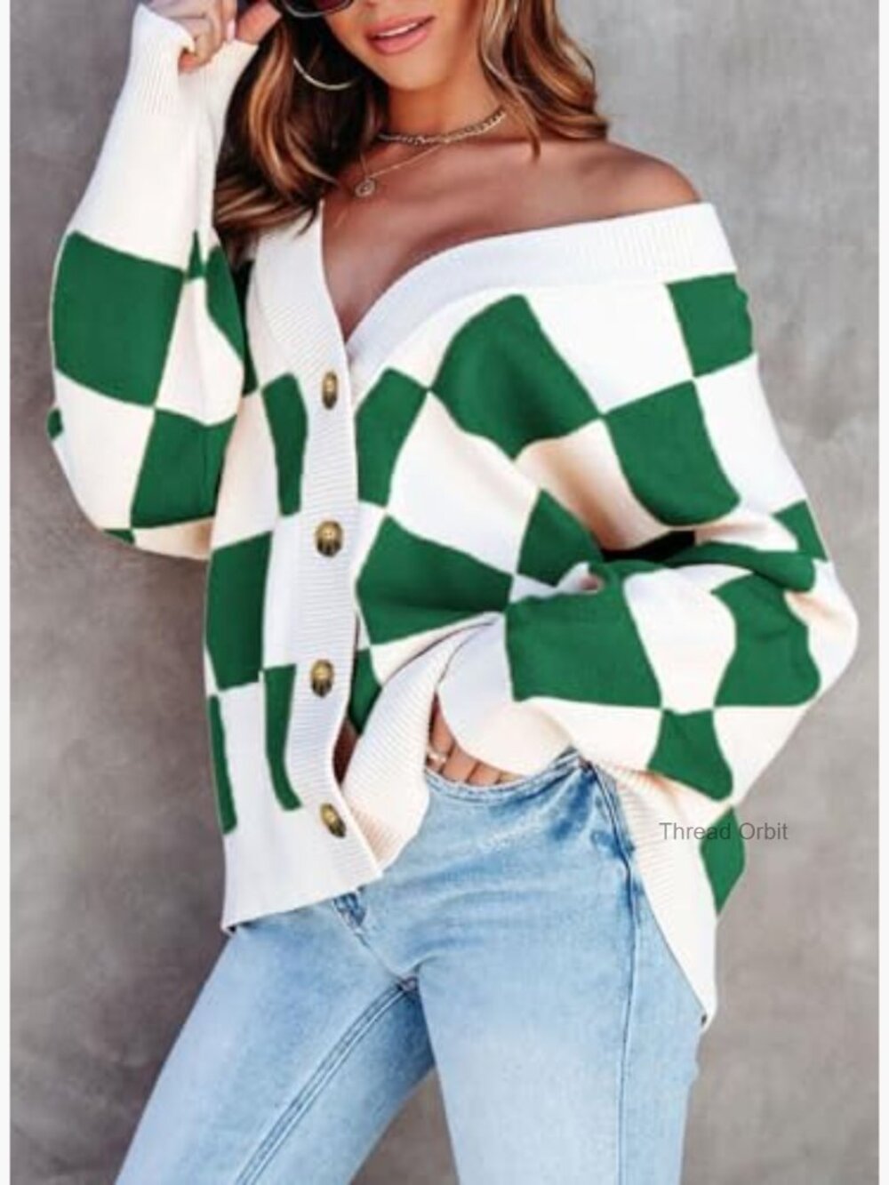 Oversized Cable Knit Cardigan Plaid V-Neck Button Down Long Sleeve - Picture 2 of 7